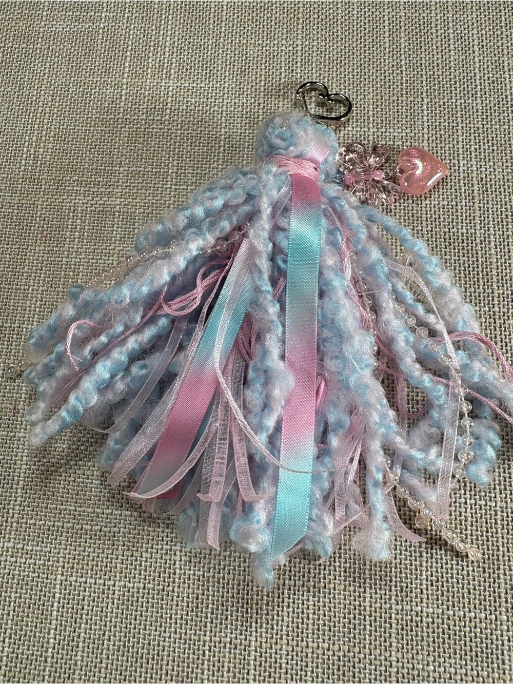 Hand Crafted Pastel Blue & Pink Tassel Keychain with Butterfly & Heart Charms - Picture 8 of 10